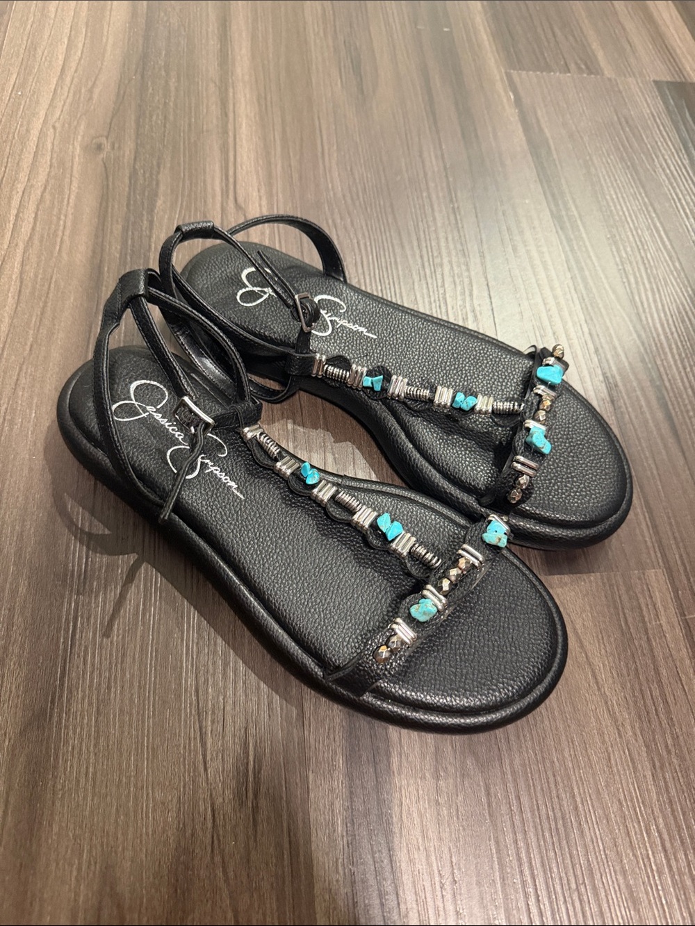 Jessica Simpson Black T-Strap Sandals with Turquoise Bead Accents